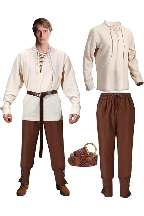 Costume Médiéval Homme - Chemise + Pantalon Avec Ceinture - Style Renaissance, Steampunk, Pirate - Pour Carnaval, Halloween