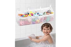 Bixury Porta Giochi da Bagno Organizzatore Giocattoli Bagno Giocattoli da Bagno per Bambini Rete 67 × 14 × 20 cm 3 Scomparti con 4 Ganci Adesivi per Riporre e Organizzare Giocattoli