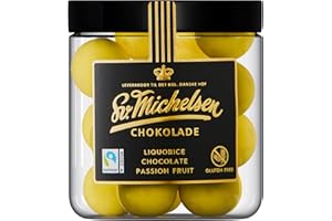 ‎LEVERANDØR TIL DET KGL. DANSKE HOF SV. MICHELSEN CHOKOLADE HÅNDLAVET SIDEN 1933 Sv. Michelsen Licorice - Danish Liquorice Balls with White Chocolate & Passion Fruit - 150g | Handmade, Gluten Free, Gourmet Liquorice Gift | High Quality Sweets from Denmark