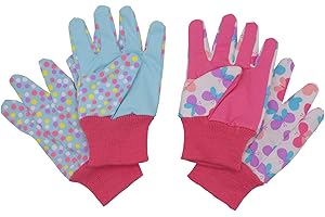 HANDLANDY Kids Gardening gloves for age 5-6, age 7-8, 2 Pairs Cotton Garden Gloves for girls boys, Dot & Butterfly & Ladybird Print (Small (age5-6), Pink (butterfly + dot))