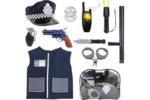 deAO Police Deguisement Enfant Policier Costume Gilet Ensemble de Costume de Police avec Chapeau, Menottes, Talkies-walkies, Lampes de Poche, Sac à Rangement, Accessoires de Police