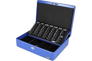 HMF 10015-05 Cassetta Portavalori con serratura, Cassetta porta soldi con Vassoio Porta Monete e Banconote | 30 x 24 x 9 cm | Blu