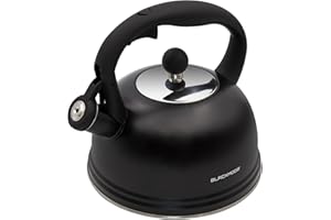 Blackmoor Callisto 2.5L Whistling Kettle for Gas Hob/Stove Top Kettle for Induction, Gas, Electric, Halogen/Stainless Steel with Spout, Lid and Rounded Handle (Black)