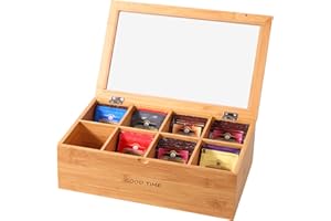 HTB Bamboo Tea Bag Container, “GOOD TIME” Engraved Tea Box Organizer, Tea Bag Chest With Transparent Lid, 8 Compartments organizers and storage With Magnetic Closure