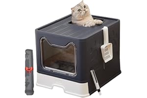 Pawsayes Foldable Cat Litter Tray with Lid, Large Top Entry Litter Box with Litter Scoop, Enclosed Splash-Proof and Leak-Proof Cat Potty (Black+Mat)