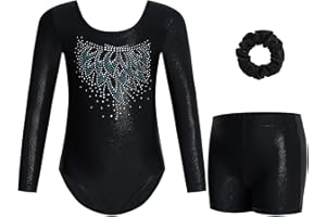 Gogokids Mädchen Dreiteilige Gymnastikanzüge, Langärmliges Gymnastik Set mit Shorts und Haarband, Glitzernde Balletteinheitstrikots - Gymnastik Outfit mit Farbverlaufdesign für 3-12 Jahre