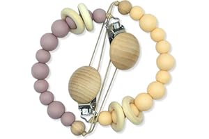 SILICOMAN - Chupetero Silicona - Cadena Chupete Bebe - Sujeta Chupete - Cadena Chupete Bebe - Pack 2 Chupeteros Bebe con Clip de Madera - Cuelga Chupetes Bebe sin BPA (Arandela Granate + Naranja)