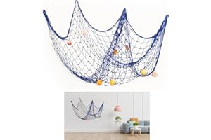 FOGBUSH Red de Pesca Decorativa Azul con Conchas de Colores, Estilo Mediterráneo para el Hogar (100 x 200 cm)