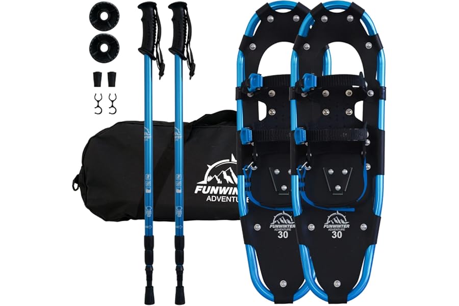 FunWater 3 in 1 Lightweight Snowshoes for Men Women Aluminium Snowshoe with Size Adjustable Trekking Poles, Mountain Equipment Hiking on Snow, Non-Slip Snowshoe