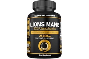 SS SPORT SUPPLIES Lions Mane Supplement High Strength 26,000mg Plus 5 Vitamins (from 1,300mg of 20:1 Extract Ration) - 50% Polysaccharides - 60 Concentrated Mushroom Capsules - No Bulking/Binding Agents Like Tablets
