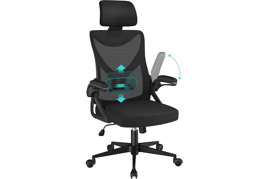 Yaheetech Silla de Oficina Ergonomica con Soporte Lumbar Escritorio Negro | Reposabrazo Reposacabeza Ajustable, Base Gir