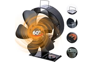 CHANGEMOORE 5 Blättern Kaminventilator Ofenventilator, Metallmotor Wärmebetriebener Ventilator für Holzofen, ohne Strom und leisen Betrieb, mit Thermometer, 60° Schwung