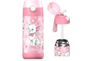 Jarlson - Gourde Enfant INOX - bouteille isotherme enfant 350 ml - Gourdes sans BPA - avec de la paille - pour l'école, les sports et la maternelle (Chat 2, 350 ml)