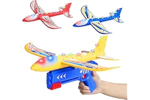 Doloowee Zabawka wyrzutnia samolotu, 3 samoloty piankowe z pistoletem katapulty, 2 tryby lotu, światła LED i naklejki, zabawki na zewnątrz dla dzieci chłopców w wieku 3, 4, 5, 6, 7, 8, 9, 10 lat