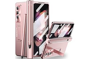 Miimall Custodia con S Penna per Samsung Z Fold 3, [Cerniera Magnetica], Pellicola per Schermi e Obiettivi,[Cavalletto Regolabile], PC Cover Antiurto con Penna Slot per Galaxy Fold 3, Oro Rosa