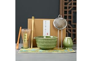 HICOOSEE Service à Thé Japonais, Matcha Kit 7 Pièces Matcha Set, Bol Matcha avec Bec Verseur, Fouet en Bambou, Support à Fouet, CuillèRe à Café, Tamis à Matcha, Torchon, Vert Service à thé Matcha en Céramique