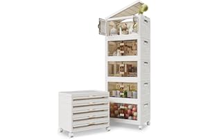 Warmiehomy Storage Box with Lid 40L*5 Tier Plastic Stackable Storage Drawers with Wheels, Foldable Collapsible Lidded Bins Containers, Compact Stacking Crates for Office Home Bedroom Organisation