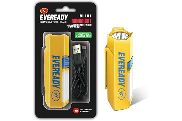 Eveready DL 101 Minimight, 1W Rechargeable LED Emergency Torch + 2W Sidelight, Pocket-Friendly Hexagonal Design, Hands-Free Clip, Type B/Micro USB Charging, Overcharge & Deep Discharge Protection
