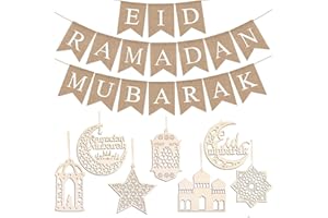 iZoeL Wooden Ramadan Decorations for Home Eid Decorations, Burlap Ramadan Mubarak Banner Wooden Ramadan Decorations Hanging Ornaments Eid Mubarak Decorations for Restaurant Garden Decor