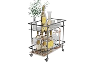 ARTLOGE Rolling Trolley Bar Cart Storage: 2 Tier Mobile Trolley Cart with Tempered Glass Top and Sintered Stone Marble Bottom, Modern Serving Cart Universal Caster Wheels Side Table for Home, Restaurant