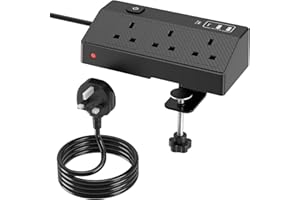 Desk Extension Lead 1.8M with USB Slots, PD 20W USB C Fast Charging Desk Power Socket, HAFINO 3 Way Desktop Power Strip, Surge Protected Extension Cable with Removable Clamp for Home Office, Black