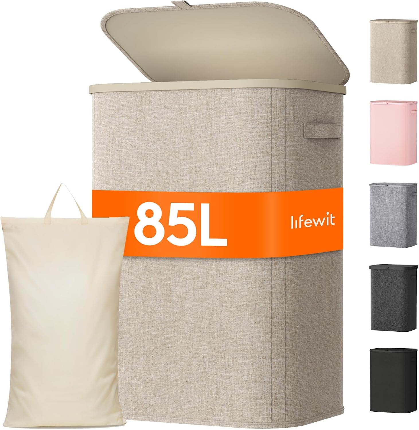 Lifewit 85L Laundry Basket with Lid, Large Laundry Hamper with Plastic Handles and Removable Bag, Foldable Tall Dirty Clothes Hampers for Laundry for Laundry Room, Bedroom, Bathroom, Dorm, Beige