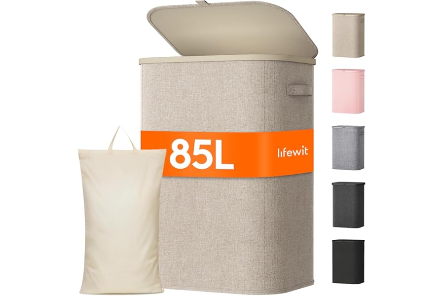 Lifewit 85L Laundry Basket with Lid, Large Laundry Hamper with Plastic Handles and Removable Bag, Foldable Tall Dirty Clothes Hampers for Laundry for Laundry Room, Bedroom, Bathroom, Dorm, Beige