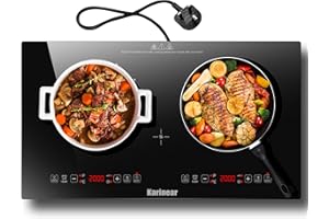 Karinear Double Ceramic Hob, 13AMP Plug in Electric Hob with LED Display, 2 Ring Electric Hob with 4-Hour Timer, up to 1600W Power, Safety Lock for All cookware