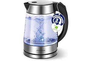 Aigostar Bollitore Elettrico in Vetro Acciaio Inox 1,7 Litri - Bollitura Rapida Electric Kettle 2200W, illuminazione a LED, Vetro Borosilicato, Senza BPA, Filtro Anticalcare, Spegnimento Automatico