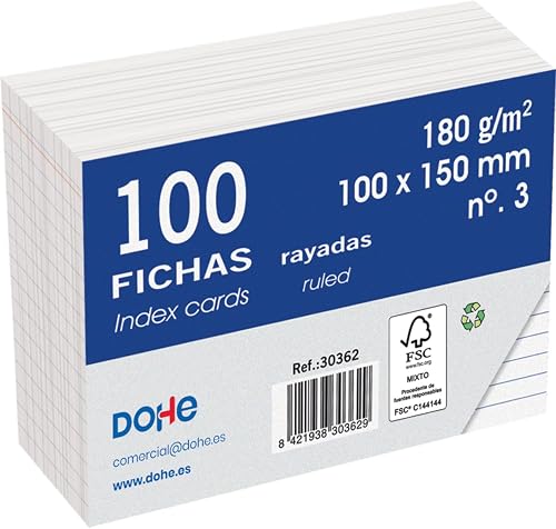Dohe - Fichas Rayadas de Cartulina (100 uds.) - Tarjetas para Escribir Notas, Ta