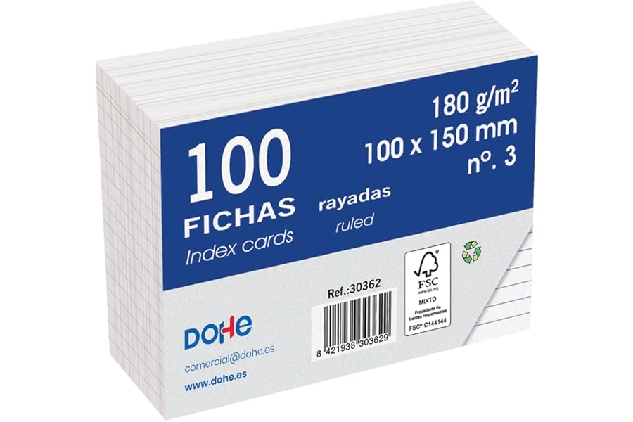 Dohe - Fichas Rayadas de Cartulina (100 uds.) - Tarjetas para Escribir Notas, Tamaño A6 (15x10 cm), 180 gr/m², N.º 3, Materia