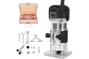 Hoapin Fresadora de Madera Rebajadora Eléctrica 800 W 6.35 mm (1/4 pulgada) 6 Velocidades Variables, 15 Piezas Fresas