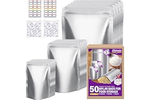 MIDUKIT Mylar bags mit sauerstoffabsorber für lebensmittel, 43.5 x 71 cm, 25 x 35 cm, 1 Quart 15 x 22 cm, 8,6 Mil, Mylar Beutel mit oxygen absorber 23000cc + Etiketten, vakuumierer beutel (50 Stück)