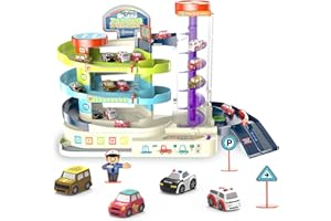 Garage Macchinine per Bambini, techextra Parking Garage Giocattoli da 3 anni, Pista Garage per Auto Multipiano Giocattolo con 4 macchinine, Parcheggio con Effetti sonori e Luminosi