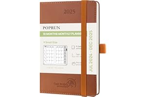 POPRUN Month to View Diary 2025 A6 (16x10.5cm) Pocket (18-Month: Jul'24 - Dec'25) Monthly Planner Softcover Small 24/25 Diary, Sunday Start (Brown)