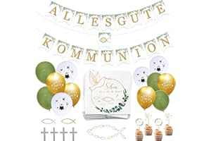 HAKIWINA Kommunion Deko 85Stück für Mädchen Junge, Kommunion Servietten+Tortendeko+Girlande Alles Gute Zum Komminion+Luftballon+Fische+Kreuze, Erstkommunion Taufe Konfirmation Party Tischdeko Grün Gold