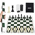 QuadPro 20" Portable Chess & Checkers Set, 2 in 1 Roll-up Travel Chess Board Game Set with 2 Extra Queens & 2 Extra Checker Pieces & Storage Bag for Kids and Adults