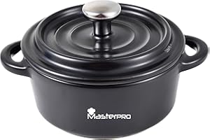 MasterPro Cook & Share - Mini Cocotte Redonda con Tapa de 12.9 x 9.8 x 4.4/7.1 cm, Ideal para Compartir, Fabricado en Gres con Interior y Exterior Esmaltado en Negro, Apta para Lavavajillas y Horno