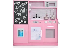 DREAMADE Kinderküche Holz mit Zubehör, Kinderspielküche Holzküche mit Herd Geschirrspüler Eismaschine Kühlschrank mit Tafel, Spielküche für Jungen und Mädchen ab 3 Jahren (Rosa)
