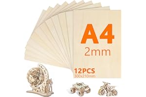VIBINHO 12 Pezzi di Compensato A4, Pannelli Legno 300mm×210mm, Compensato 2mm, Pannelli di Legno per Artigianato, Pirografia, Modellismo, Taglio Laser, Decorazione, Pittura