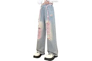 Happy Cherry - Girls Denim Pants Kids Wide-Leg Ripped Baggy Jeans Elastic High Waist Trousers Loose Casual Cargo Pants Y2K Vintage Retro Straight Jeans Street Wear with Pockets Age 5-15 Years