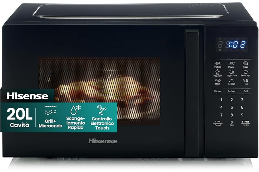 Hisense H20MOBS4HG Microwave Oven with Electronic Control, Capacity 20 L, Power 700 Watt, Grill Function 800 W, LED Display Touch Controls, Black