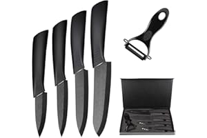 Ballery Nóż ceramiczny, zestaw noży ceramicznych z pokrowcem ochronnym, zestaw noży kuchennych z 4-częściowym nożem i 1 obieraczką, zestaw noży szefa kuchni do mięsa, owoców, warzyw – czarny