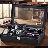 DA WOVN Watch Box Organizer and Sunglasses Case with 6 Slots for Watches and 3 Slots for Sunglasses in Black Color (Black::Grey): 