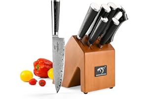 NANFANG BROTHERS Bloc de couteaux en acier Damas 7 pièces et manche en bois, couteau de chef professionnel couteau Santoku couteau universel couteau à fruits couteau à pain et ciseaux de cuisine