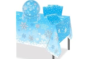 POPOYU 37Pcs Frozen Party Tableware Set for 16 Guests,Snowflake Paper Plates,Napkins and Table Cloth,Frozen Party Decorations for Christmas Winter New Year Girls Birthday PartySupplies
