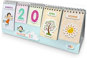 ‎EDITORIAL GEU Kinder Kalender -Zeitlos Illustrierte Karten - Zum Lernen dem Datum, der Wochentage - Monate Jahre und Jahreszeiten - Kombinierbare Wimpern - Für Kinder ab 5 Jahren (Deutsch)