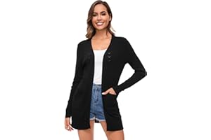 Famrrifuu Gilet Long Femme Elegant Coton à Manches Longues Veste Tricot Léger Ouverte Devant été Cardigan