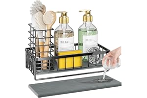 OVICAR Kitchen Sink Caddy Sponge Holder - Instant-Dry Sink Organizer with Brush Holder - Waterproof Soap Dispenser Non-Slip Countertop Organizer Storage for Kitchen Bathroom Black