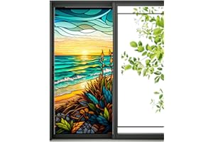 RENYWOSI Privacy Window Film | PVC Glass Window Stickers, Static Stained Retro Bird/Sunset by The Seaside/Lighthouse Glueless Window Film, Removable Glass Window Grilles, Door and Window Decoration